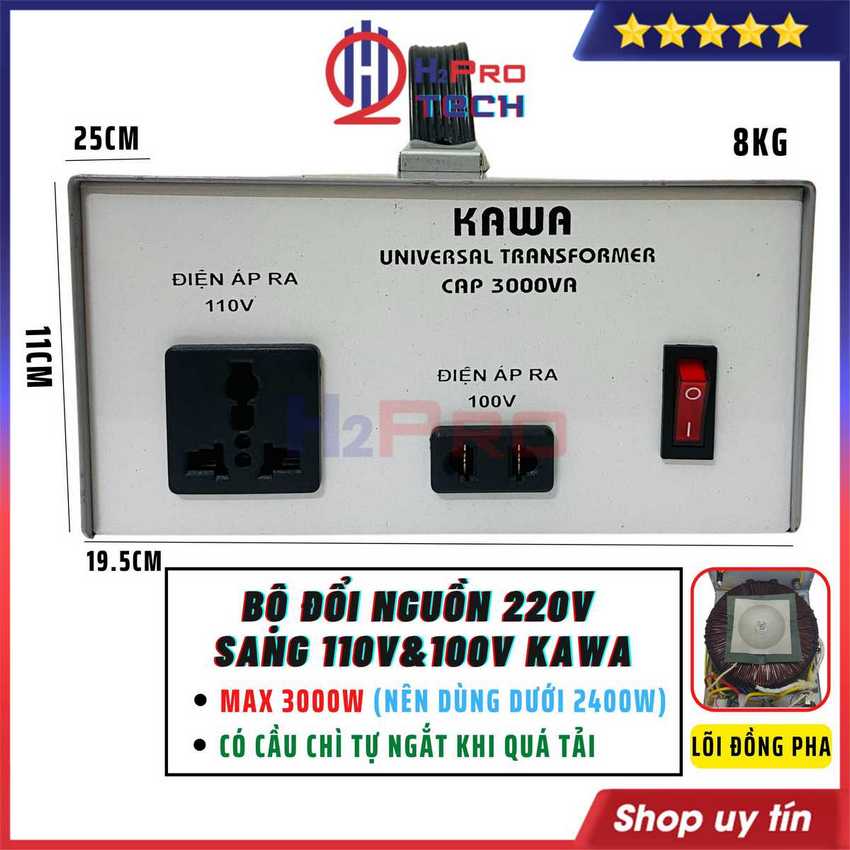 Đổi Nguồn 220V Sang 110V-100V 3000W Kawa Hoặc Đổi Ngược Nguồn 110V Sang 220V Cao Cấp-Dùng Cho Máy Dưới 2400W-H2Pro Tech