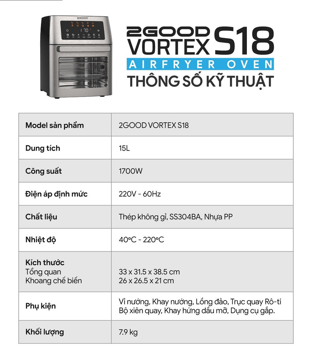 Nồi chiên không dầu 2Good S18 dung tích 15 Lít, công suất 1700W, thương hiệu Malaysia