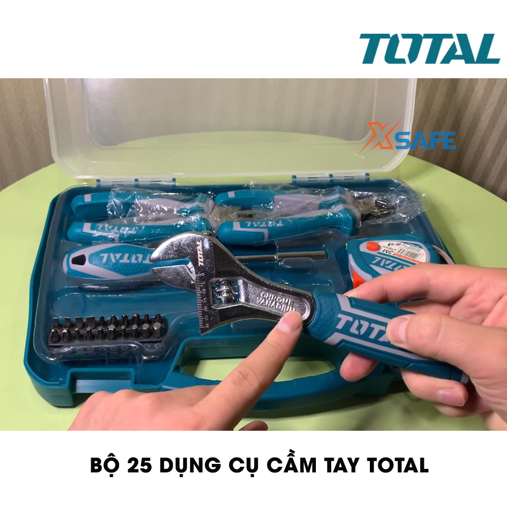 Set of 25 tools hand tools total THKTHP90256 suitable for engineering, construction, people dụng.1 piece alkaline combination 7 ", 1 Alkaline cut Cross 6", 1 set adjustable 8 ", 1 tape measure, 1 shank with magnet 100mm. 20 head screw-distribution xsafe