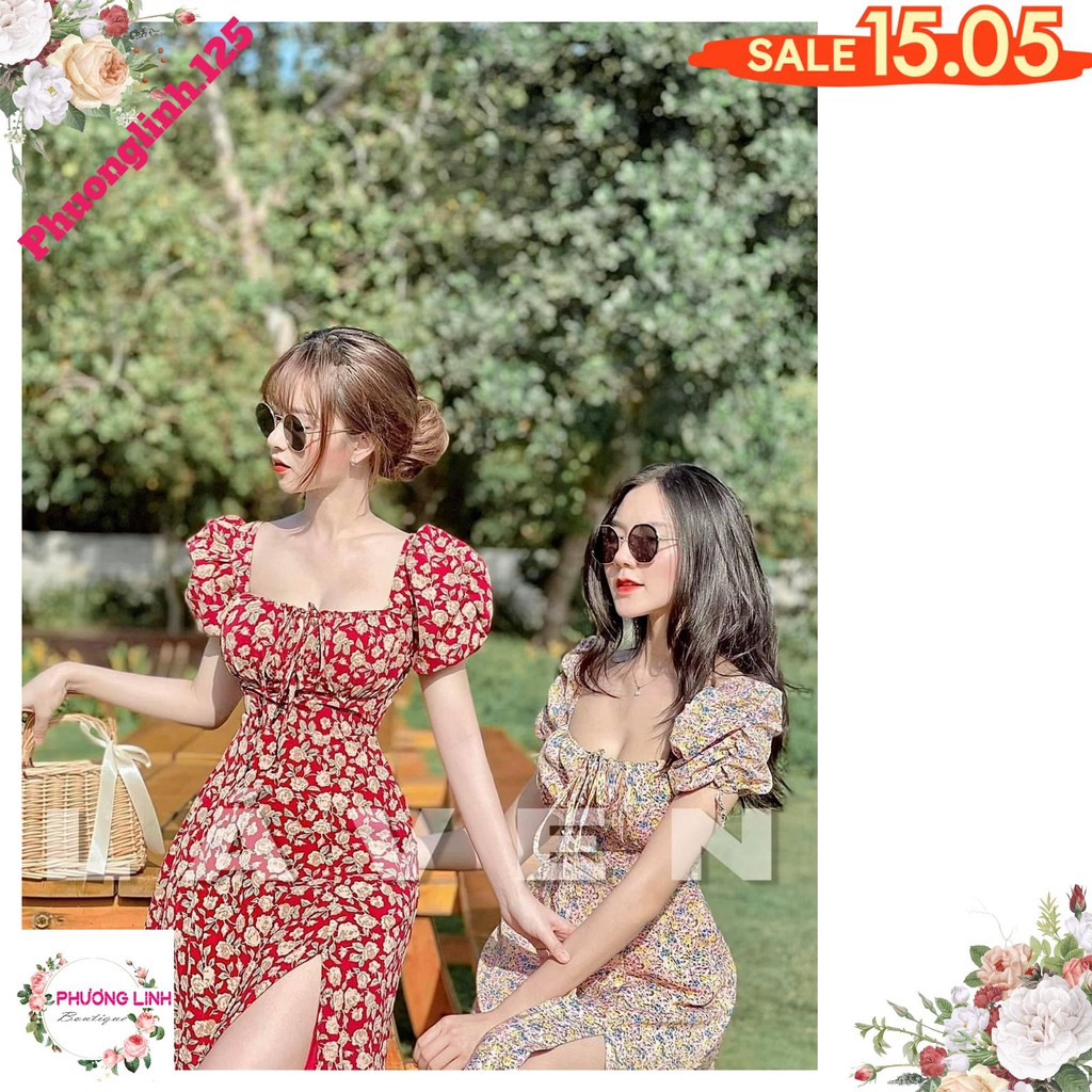 Váy Hoa Nhí Đỏ Cổ Vuông Xẻ Vạt