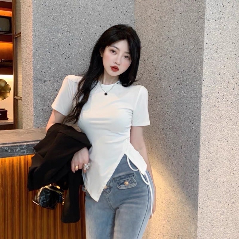Áo thun gân xẻ tà rút dây cực xinh re8