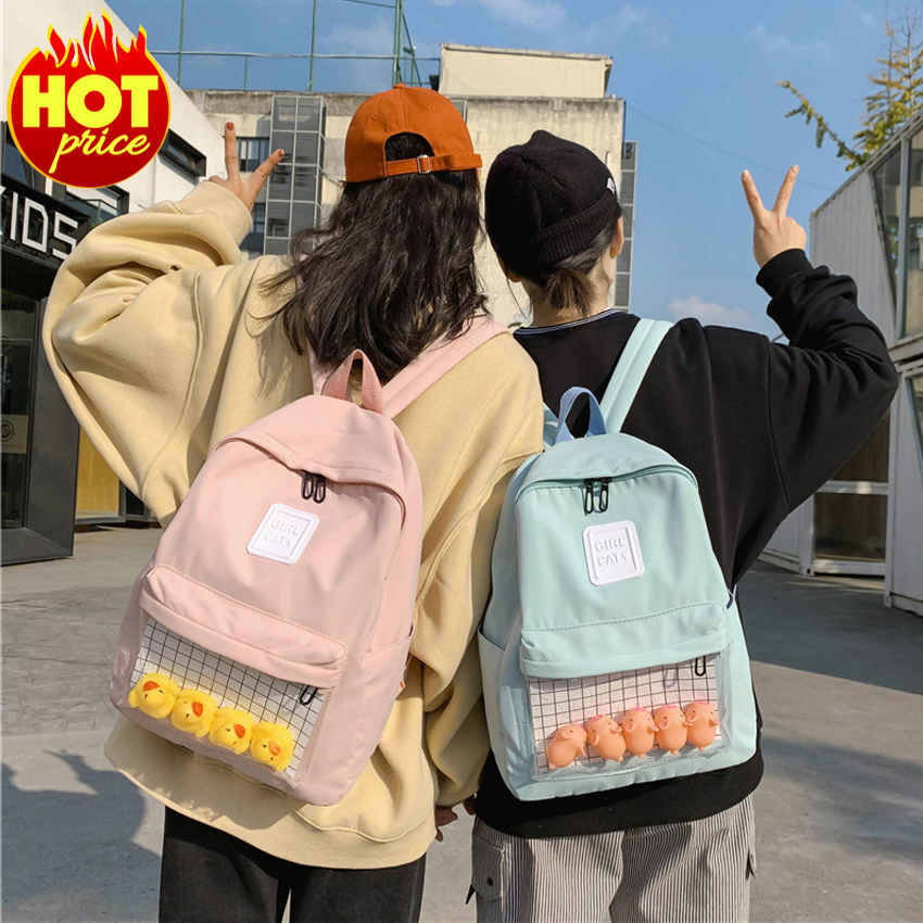 Balo ulzzang đi học ngăn trong suốt tặng con vịt, balo học sinh sinh viên đơn giản, dễ thương