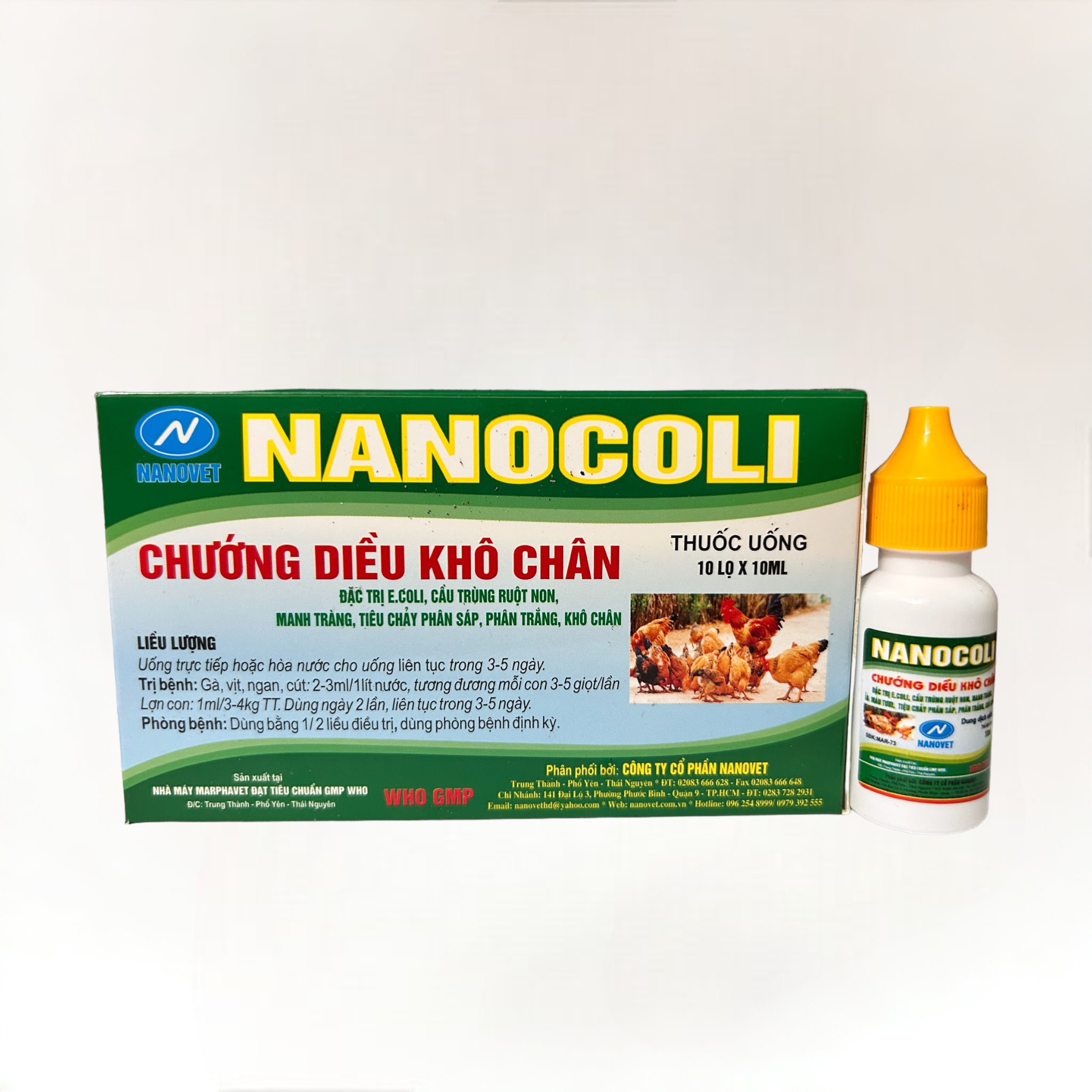 Nanocoli 10ml x 3 lọ chướng diều, khô chân, tiêu chảy, phân xanh, phân sáp gà đá, chim cảnh
