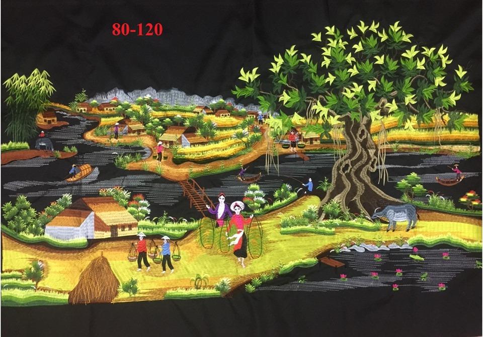 Tranh thêu vi tính thành phẩm Làng Quê Khúc Hát Thanh Bình Kích Thước 1m20x80cm