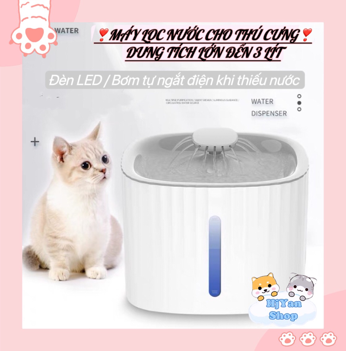 Máy lọc nước uống nước tự động vòi sen cho chó mèo / đài phun nước tự động cho thú cưng  3L + đèn led + bơm tự ngắt