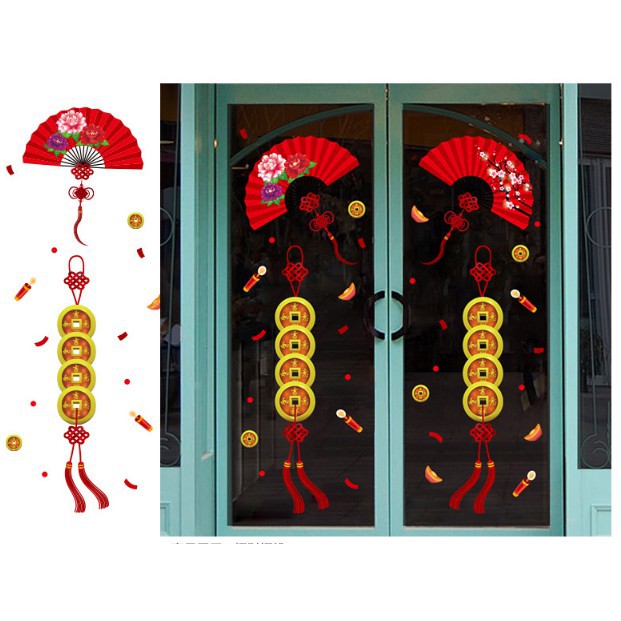 Decal trang trí tết - Dây Quạt đỏ đồng Xu may mắn