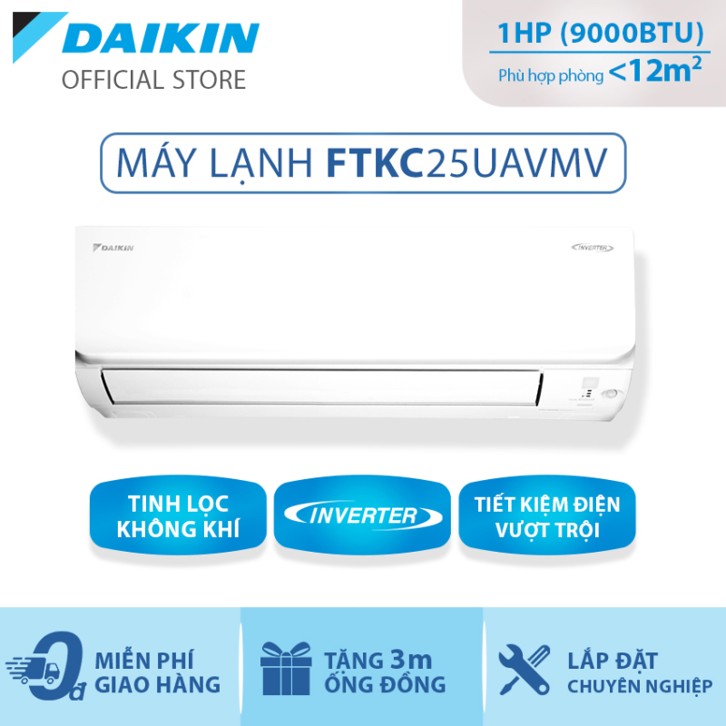 Bảng giá Máy Lạnh Daikin Inverter FTKC25UAVMV - 1HP (9000BTU) Tiết kiệm điện vượt trội - Luồng gió Coanda - Tinh lọc không khí - Khử ẩm 25% - Độ bền cao - Chống ẩm mốc - Chống ăn mòn - Làm lạnh nhanh - Hàng chính hãng