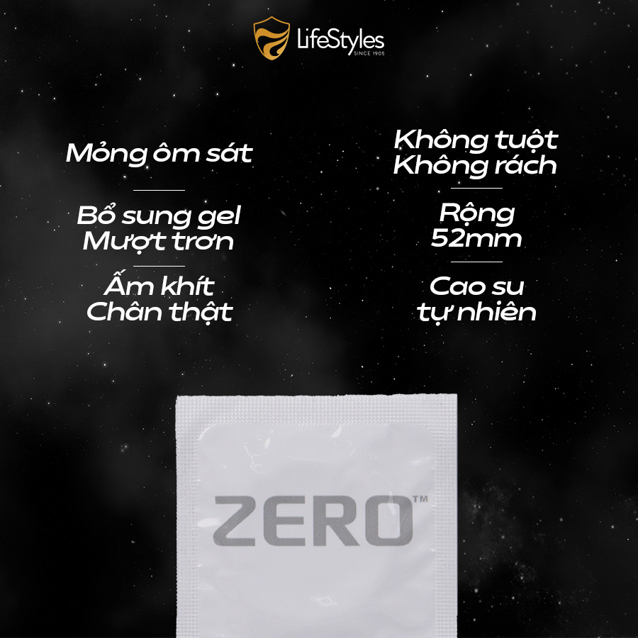 Bao cao su mỏng khít LifeStyles Zero - Trơn êm -  Hộp 12 bao