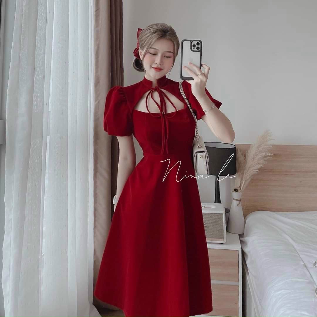 đầm xòe cổ cột nơ xinh xắn