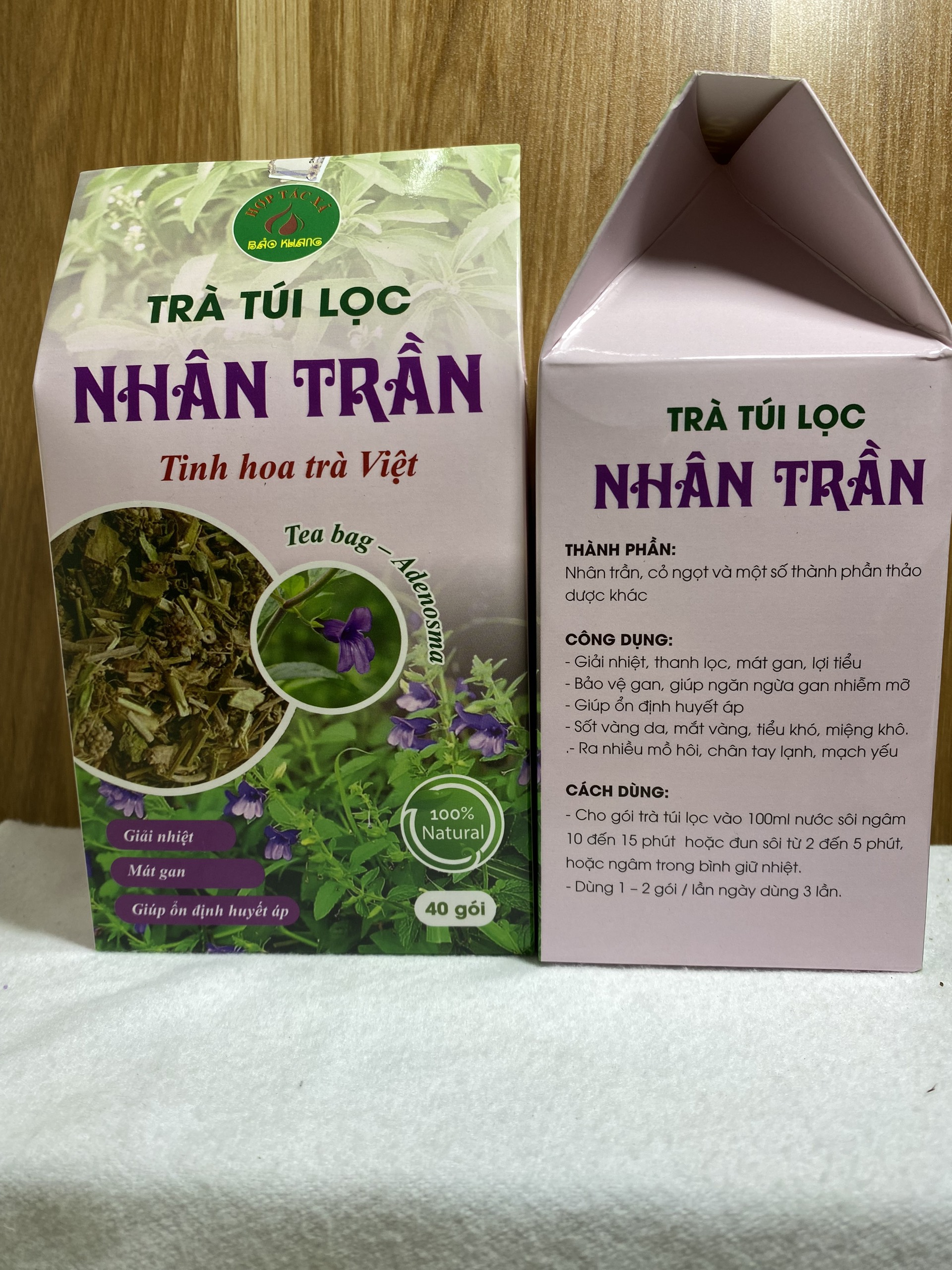 Hộp 40 gói trà nhân trần túi lọc Bảo Khang, trà túi lọc nhân trần, trà thảo dược thanh nhiệt, an thần, ngủ ngon, nóng trong người