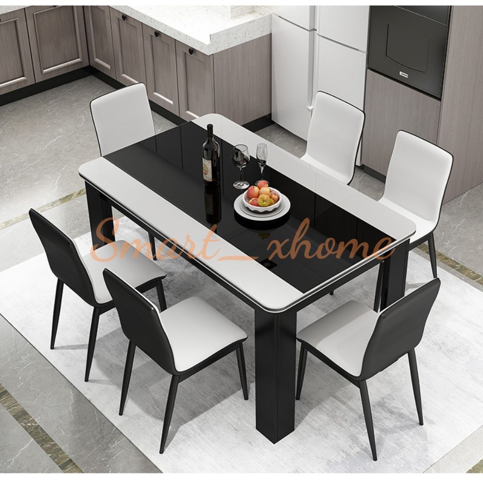 RE0687-RE0707 Bộ bàn ăn hiện đại 4-6 người tiết kiệm cho căn hộ nhỏ- hình chữ nhật mặt kính cường lực Smart_xhome