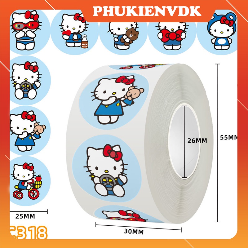 Cuộn 500 miếng dán nhãn dán Sticker hoạt hình Kuromi Hello Kitty ngộ nghĩnh gói hàng quà tặng