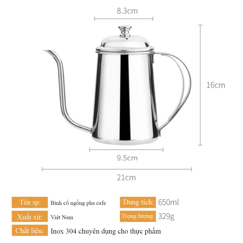Ấm cổ ngỗng pha cafe 650ml Inox 304 cao cấp