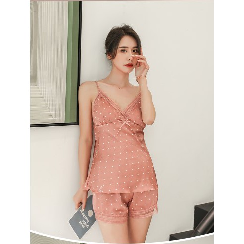 [Hàng Cao Cấp] Bộ Đồ Ngủ Hai Dây Lụa Phối Ren Mút Mỏng Chấm Bi Sexy Tôn Da DN04