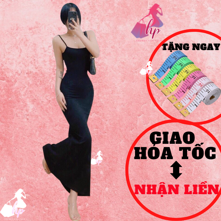 Đầm 2 dây maxi đuôi cá body nữ, váy dáng dài sang chảnh hai dây tôn dáng màu đen VD284