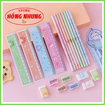 [ Sale Lớn] Bộ Combo Học Tập Xinh Xắn ( 2 Bút Chì, 1 Cục Gôm, 1 Thước, 1 Đồ Chuốt)