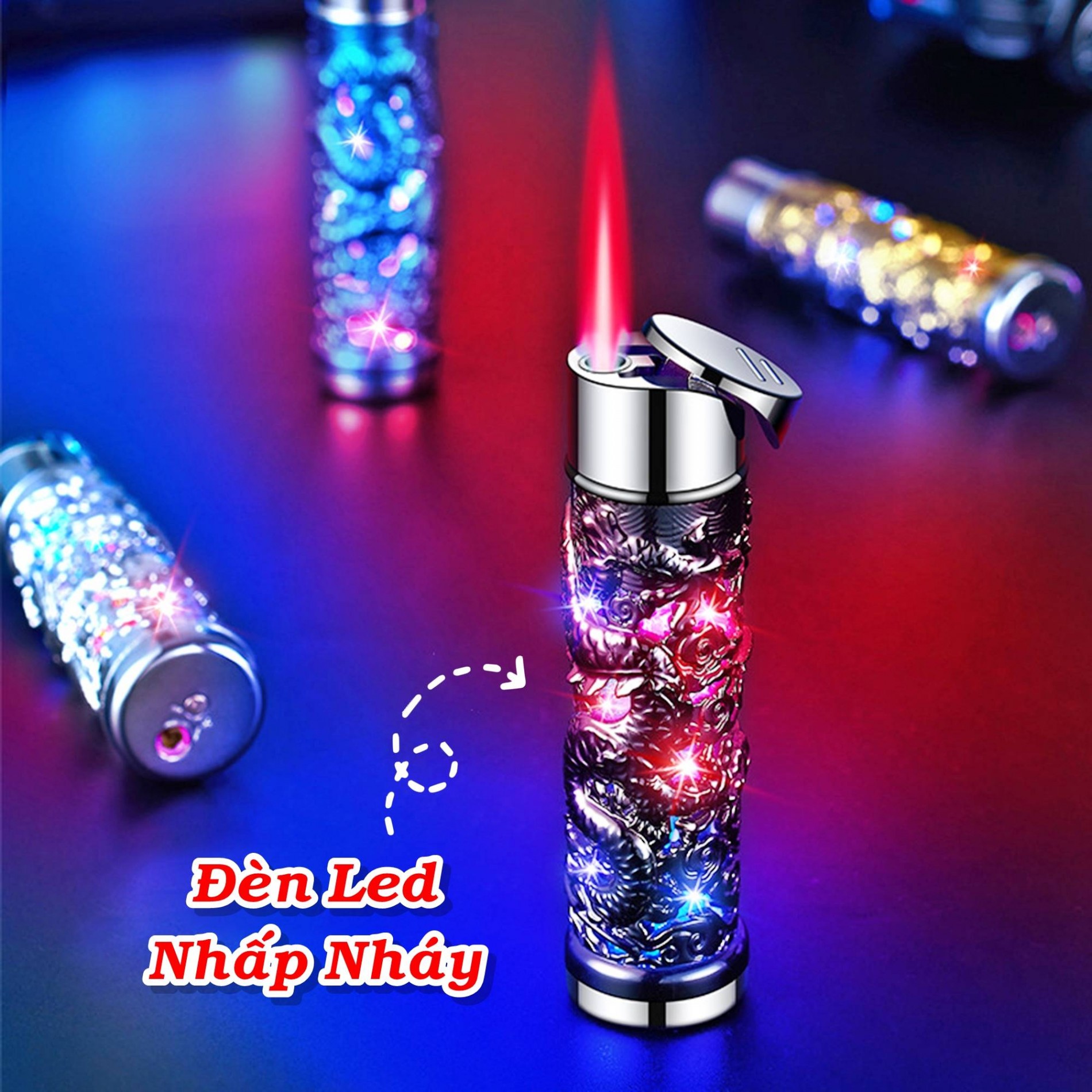 BẬT LỬA KHÈ HÌNH TRỤ RỒNG NỔI (CÓ ĐÈN LED NHẤP NHÁY) FULLBOX