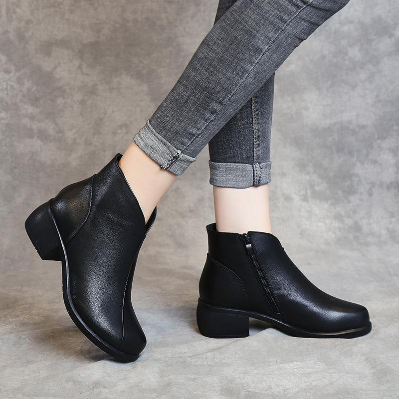 Boots nữ cổ lửng cao gót da trơn phong cách kiểu Châu ÂU