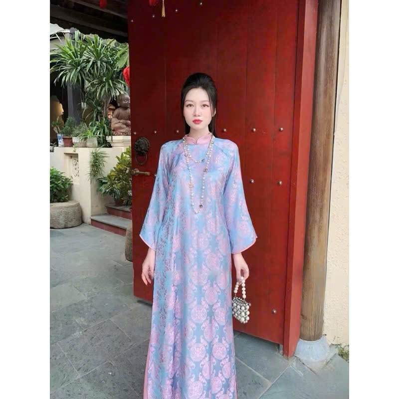 Áo dài cách tân gấm tơ mềm phối màu cổ tay dáng suông
