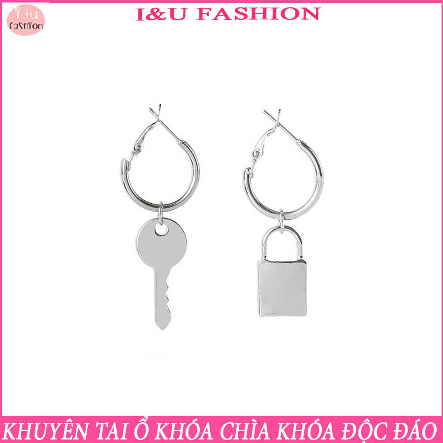 Khuyên tai cá tính kiểu gài chất liệu kim loại màu bạc kiếu dáng Ổ khóa - chìa khóa vô cùng độc đáo , Có thể làm khuyên tai đôi , khuyên tai nhóm KT-81