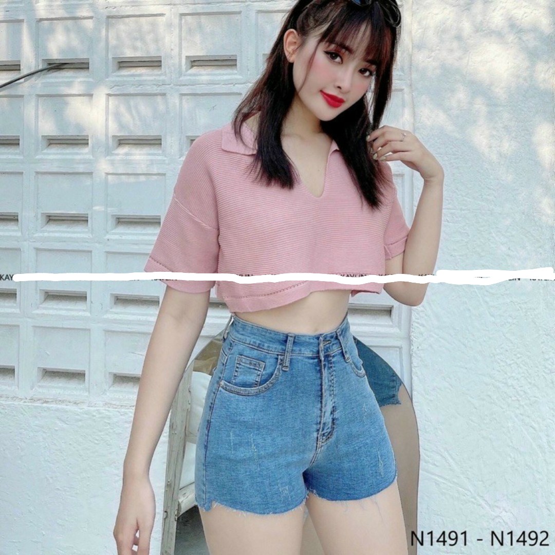 Áo croptop nữ trơn kiểu cổ sơ mi