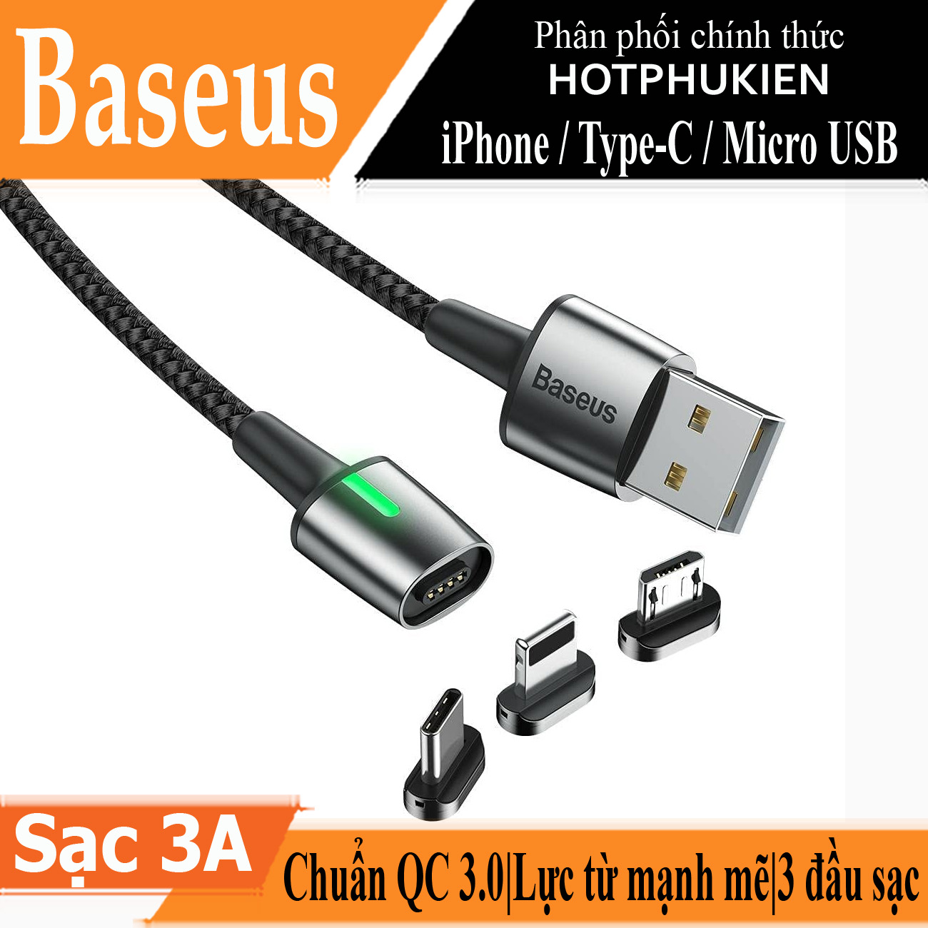 Dây cáp sạc từ tính 3 in 1 sạc nhanh 3A trang bị 3 đầu sạc Lightning / Type-C / Micro USB hiệu Baseus Zinc Magnetic Series 2 Cable Kit - Phân phối bởi Hotphukien
