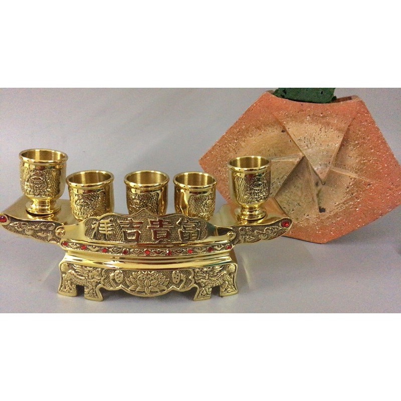 Bộ khay 5 chén bằng đồng vàng - ly chén bằng đồng nguyên chất, khay nước thờ. Đồ thờ cúng bằng đồng