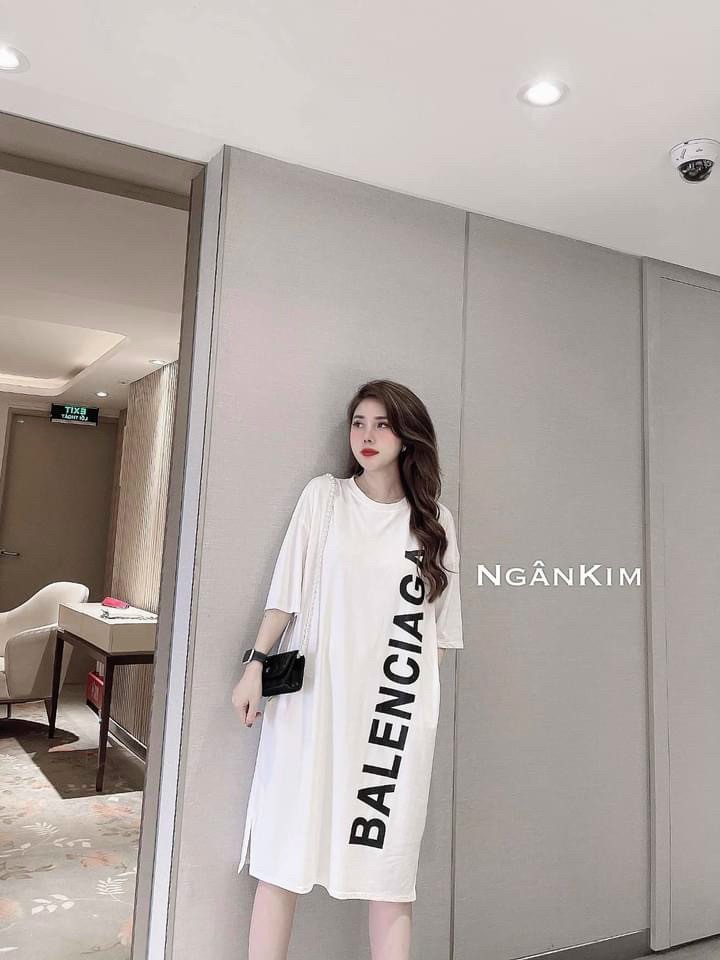 váy thun suông cộc tay in chữ BB phom rộng hai màu