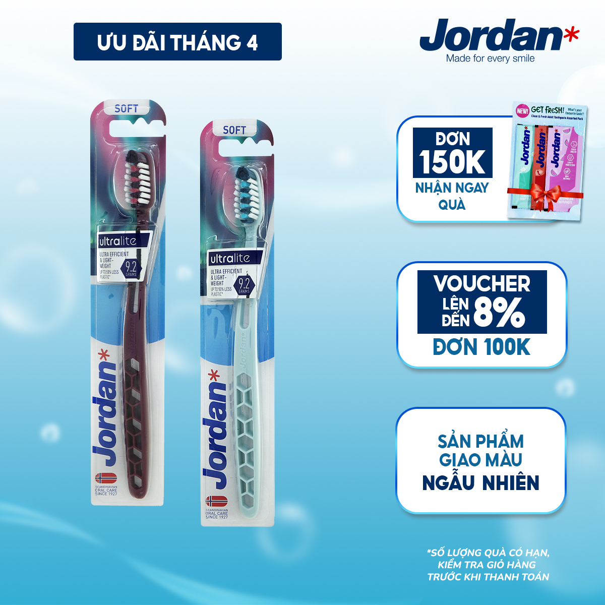 Bộ 2 Bàn chải Jordan Ultralite lông siêu mềm bảo vệ nướu nhạy cảm, xuất xứ Na Uy