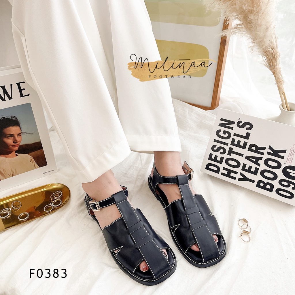 GIÀY SANDAL NỮ BÍT MŨI QUAI RỌ PHỐI BẢN CHỮ H VIỀN CHỈ F0383