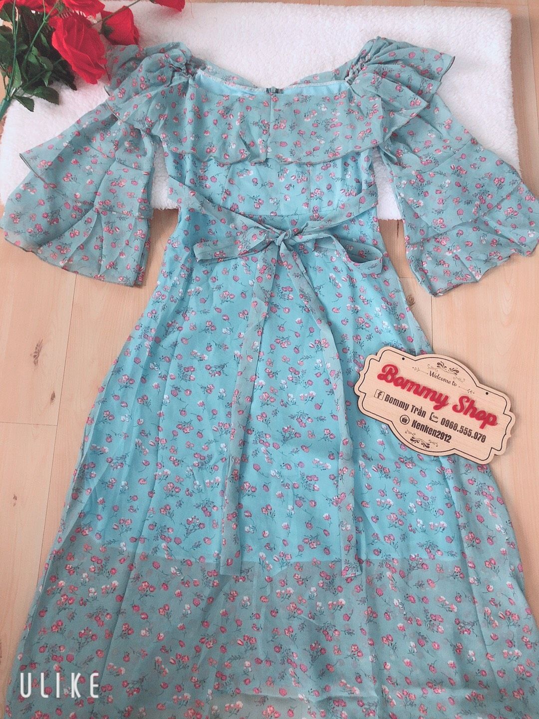 Đầm hoa maxi xòe tay loe tầng cổ phối bèo cột eo Cao Cấp