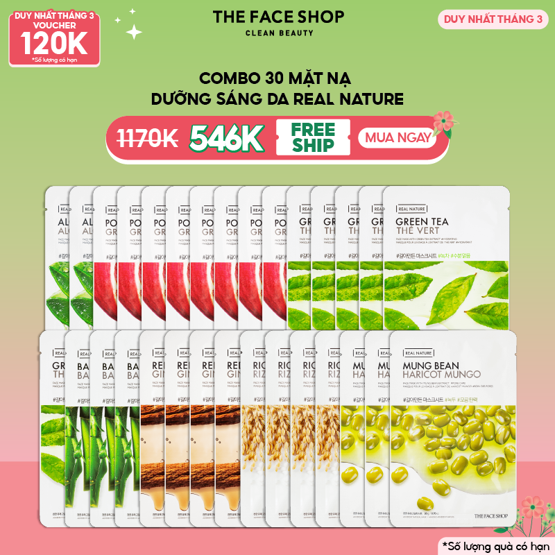 Combo 30 Mặt Nạ Real Nature THE FACE SHOP (mix nhiều loại) 20G