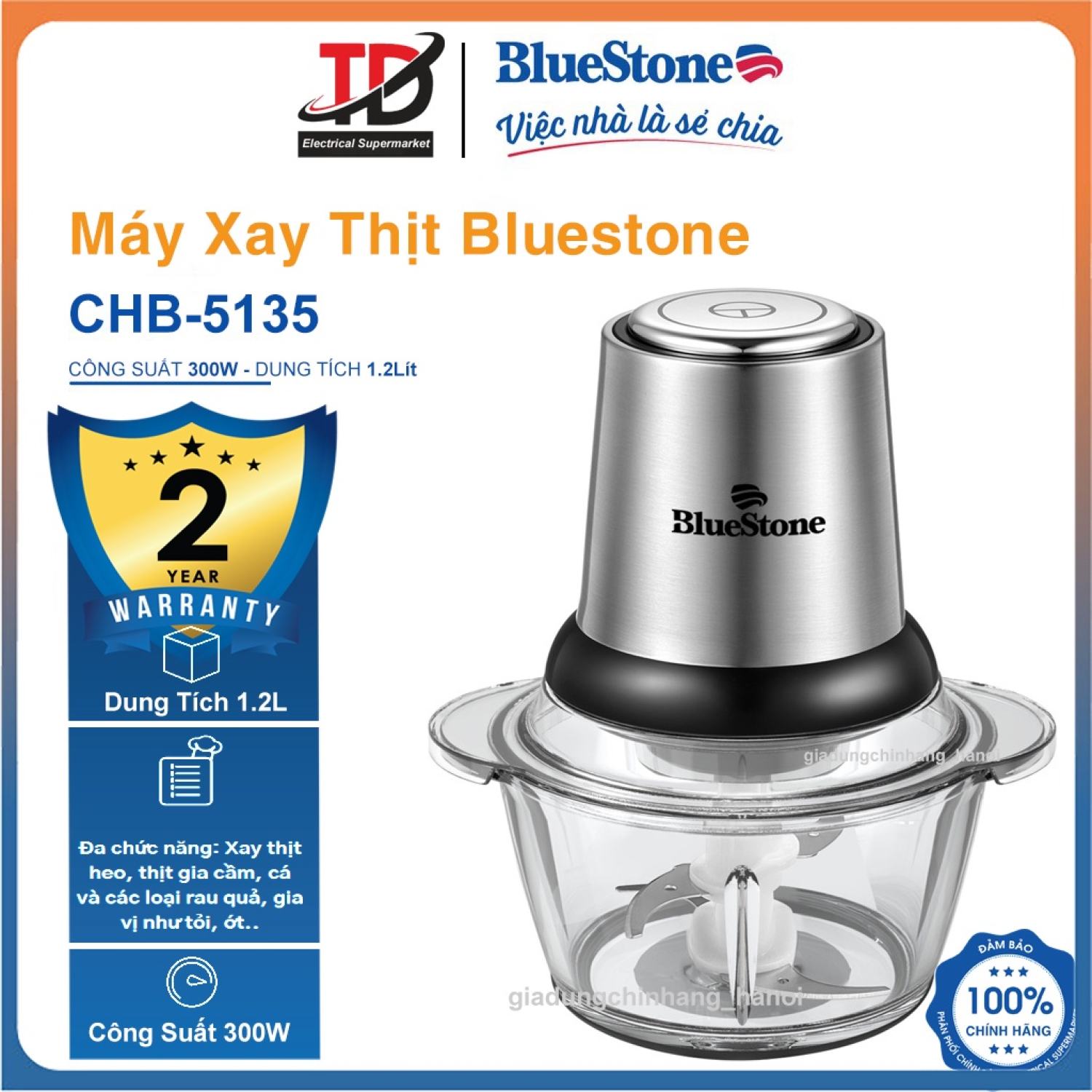 Máy Xay Thịt Bluestone CHB-5135, 300W-1.2Lit , Bảo Hành Chính Hãng 2 Năm