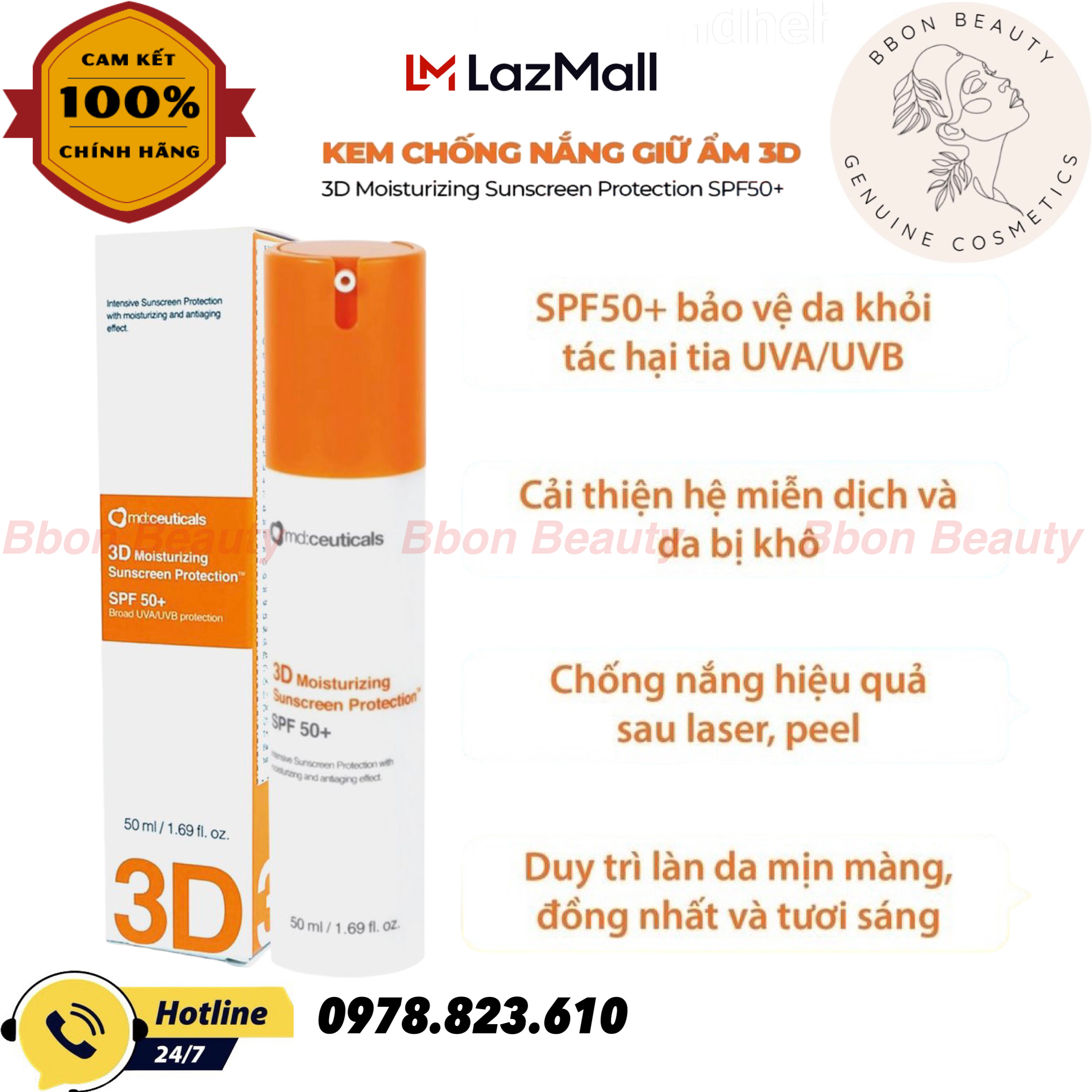 Md:ceuticals 3D Moisturizing Suncreeen Proctection SPF50+ - Kem chống nắng giữ ẩm sau thủ thuật bảo vệ da 50ml - BBon Beauty Chính hãng