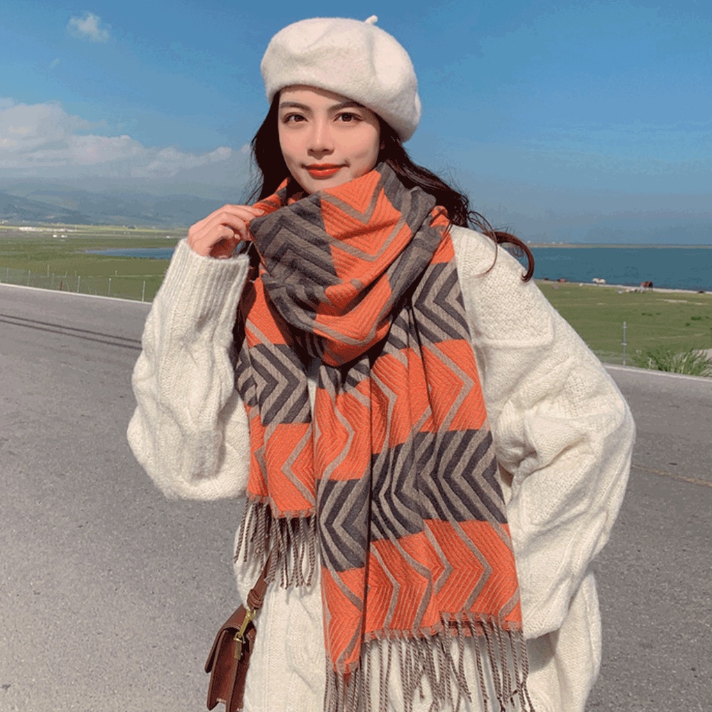 Khăn choàng cổ Cashmere họa tiết mũi tên giữ ấm mùa thu đông cho nữ phiên