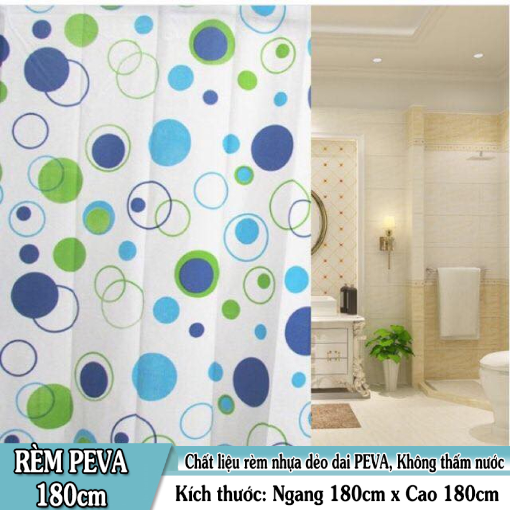 [HCM]Rèm Phòng Tắm / Rèm Cửa Sổ Họa Tiết Vòng Tròn Xanh 180cm X 180cm Loại 1