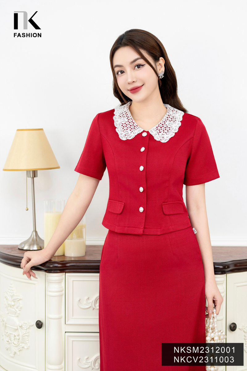 Áo Sơ Mi Text Cổ Ren Dệt NK FASHION Thời Trang Công Sở Nữ Ngắn Tay Thanh Lịch Chất Vải Nhập Hàn Cao 