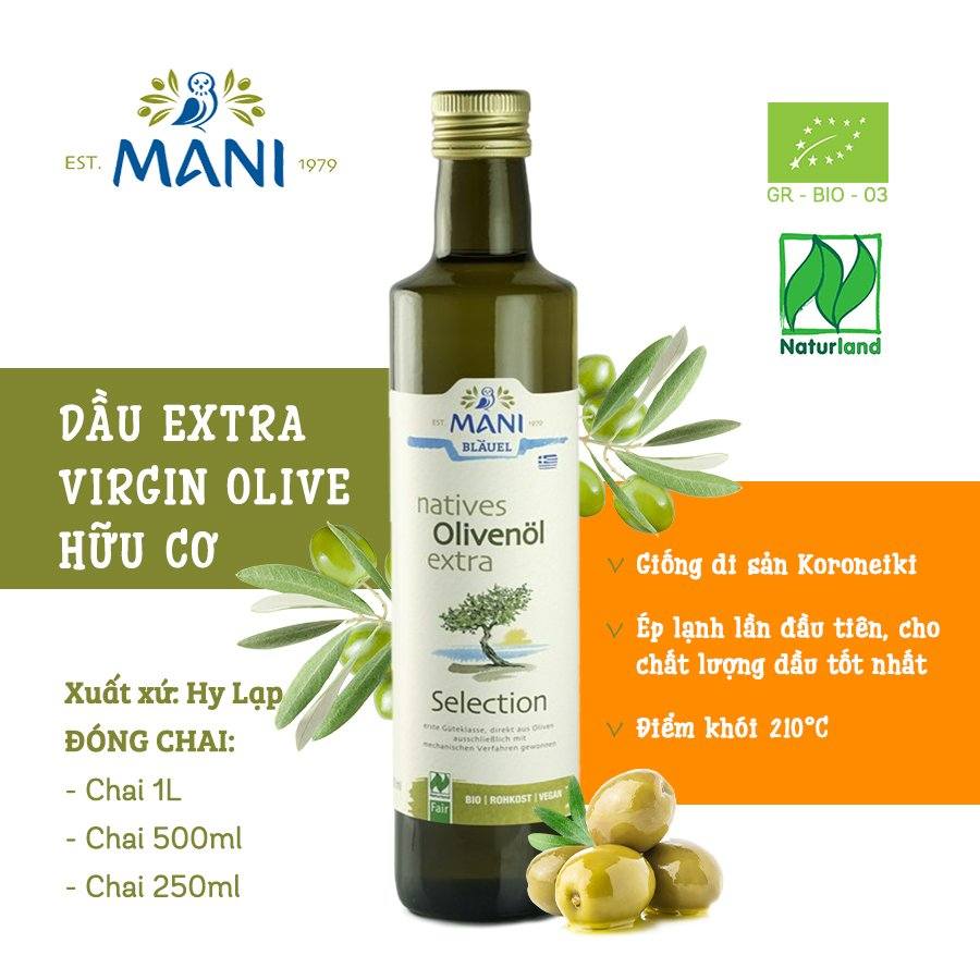 Dầu Olive Extra Virgin Hữu Cơ Mani 250ml