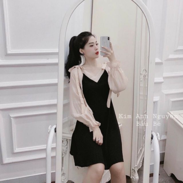 Đầm kiểu phối nơ vai xinh