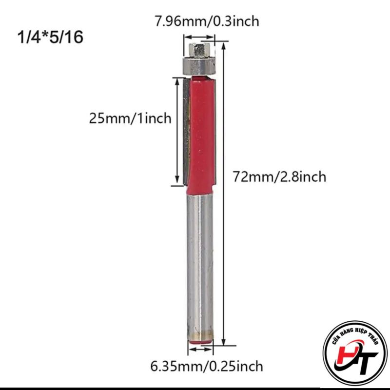 Mũi phay gỗ thẳng có bi mũi soi lấy nền đỏ cốt 6.35mm mstcb-do-tq