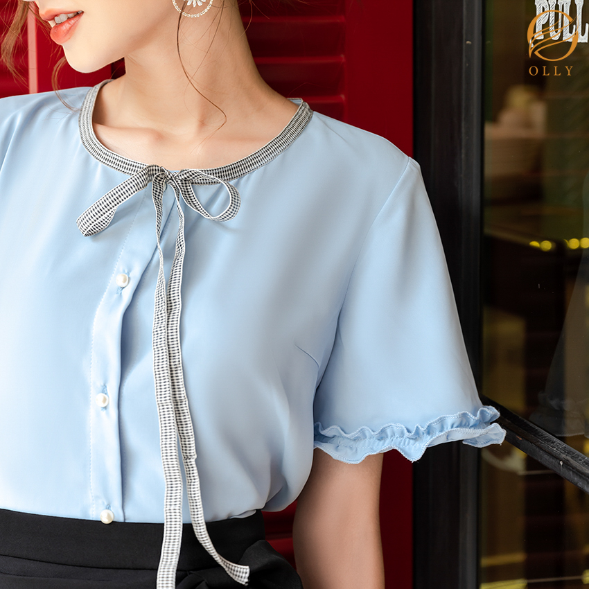[KHUYẾN MẠI SỐC] Áo sơ mi nữ bèo tay lỡ nơ cổ OLLY OBA20.005