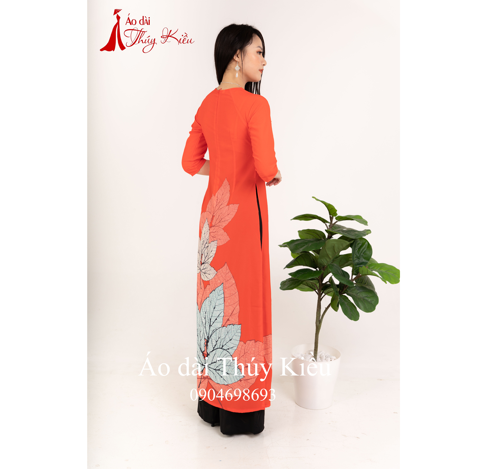 K56 Áo dài truyền thống thiết kế may sẵn tết cách tân nữ nền đỏ cam lá mềm mại, co giãn, áo dài giá rẻ