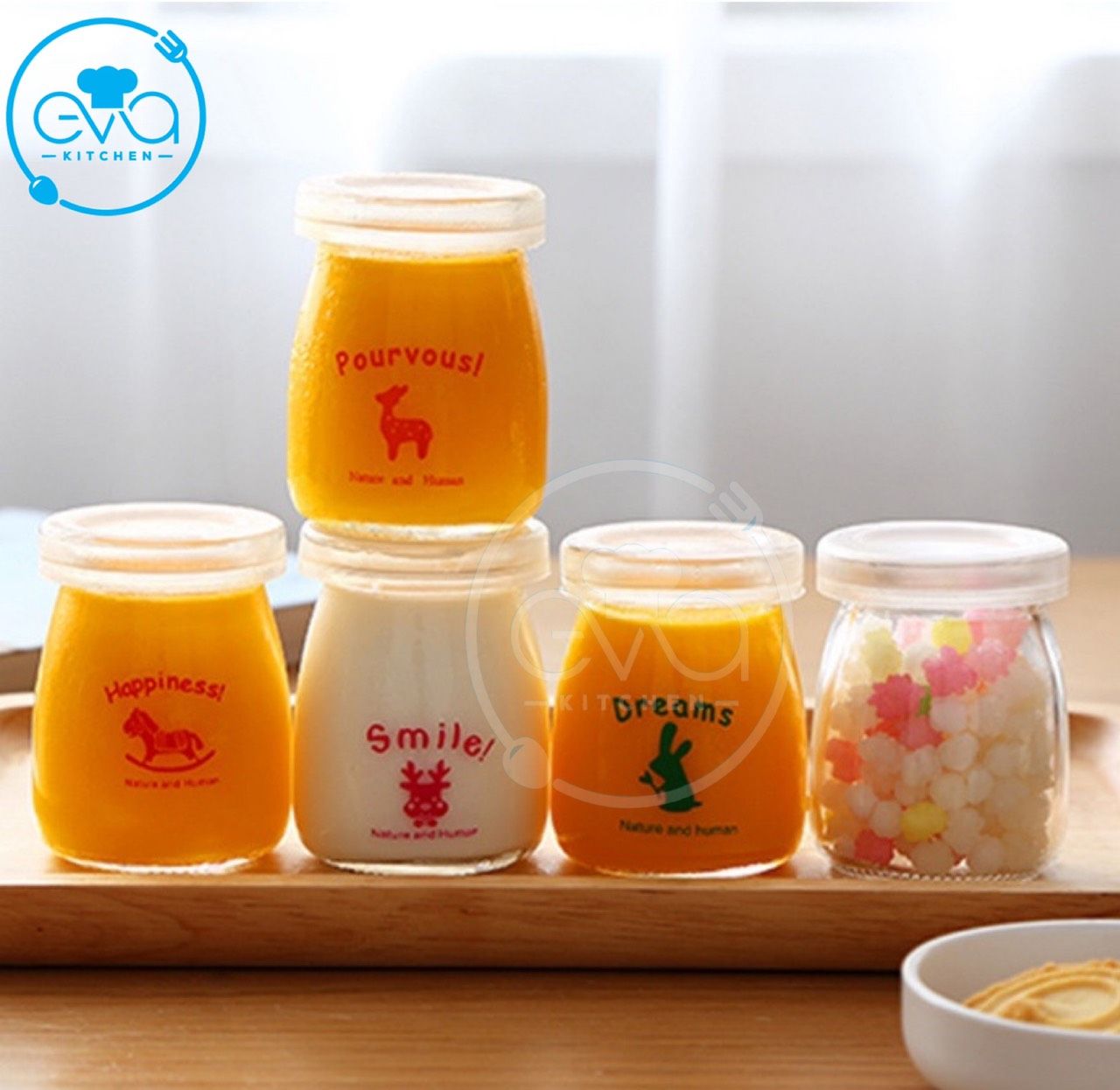 Set 24 hũ thuỷ tinh đựng sữa chua in hình cute ngộ nghĩnh 100 ml m1030