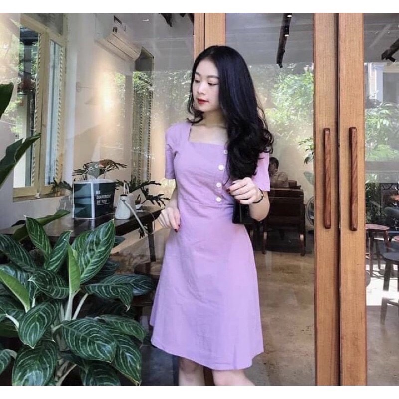 [HCM]Đầm Nữ Cổ Vuông Khuy Lệch