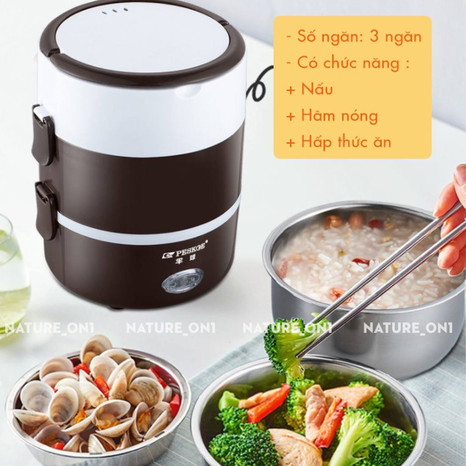 Hộp cơm cắm điện 3 tầng, cặp lồng 3 tầng giữ nhiệt, cà men cắm điện 3 tầng, hộp cơm hâm nóng cắm điện 3 tầng inox " cn81 "