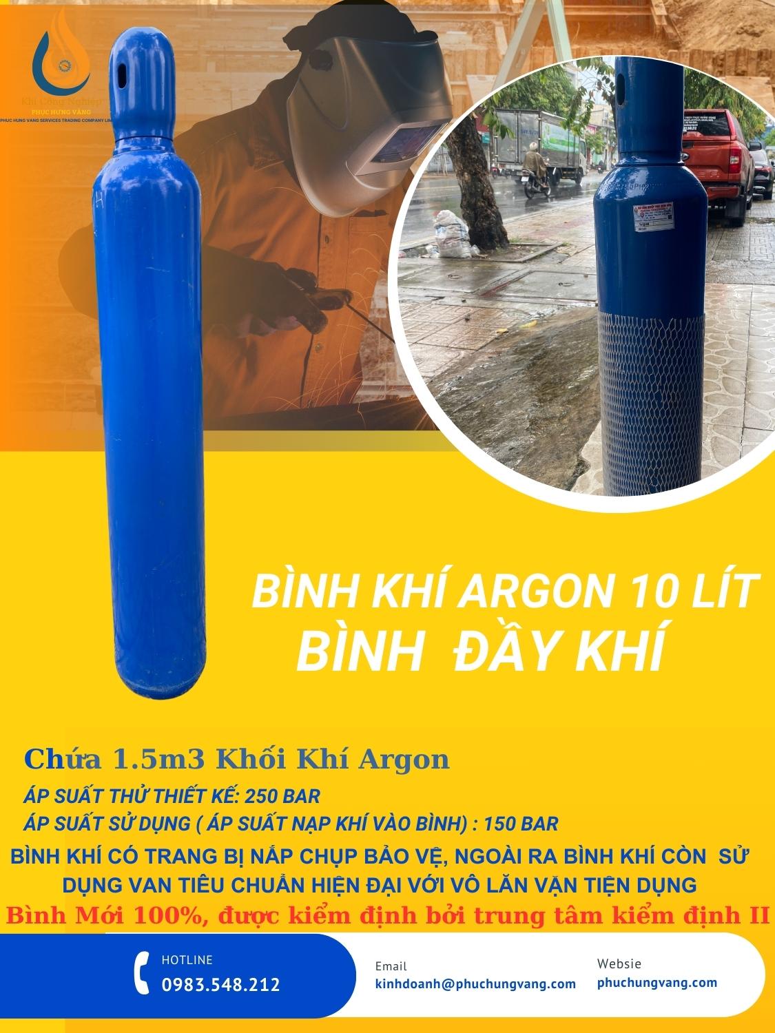 Bình Khí Argon 10Lít Đã Nạp Khí (1.5m3 Khí) - Hàn Tig