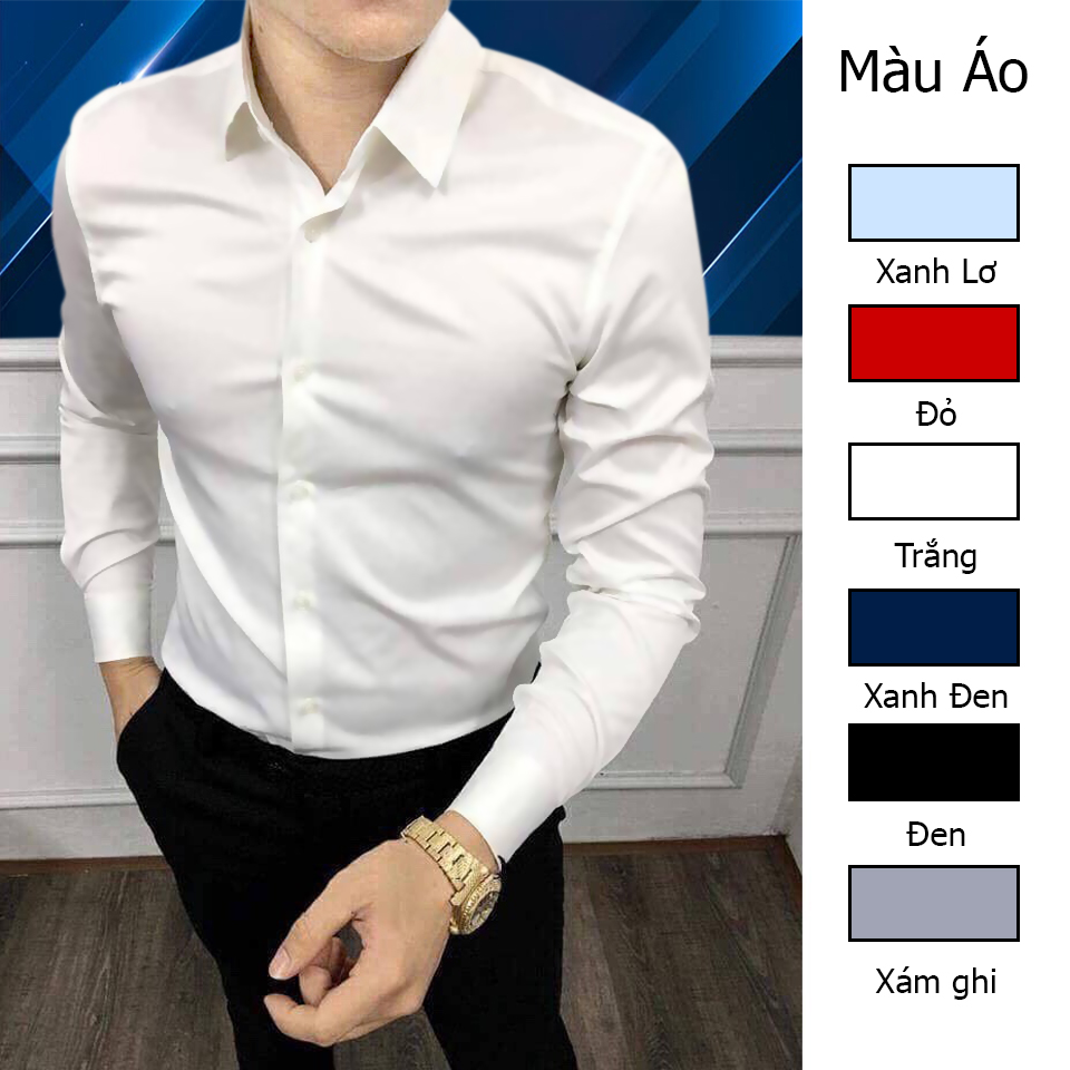 Áo sơ mi nam màu trắng dài tay body hàn quốc vải lụa chống nhăn