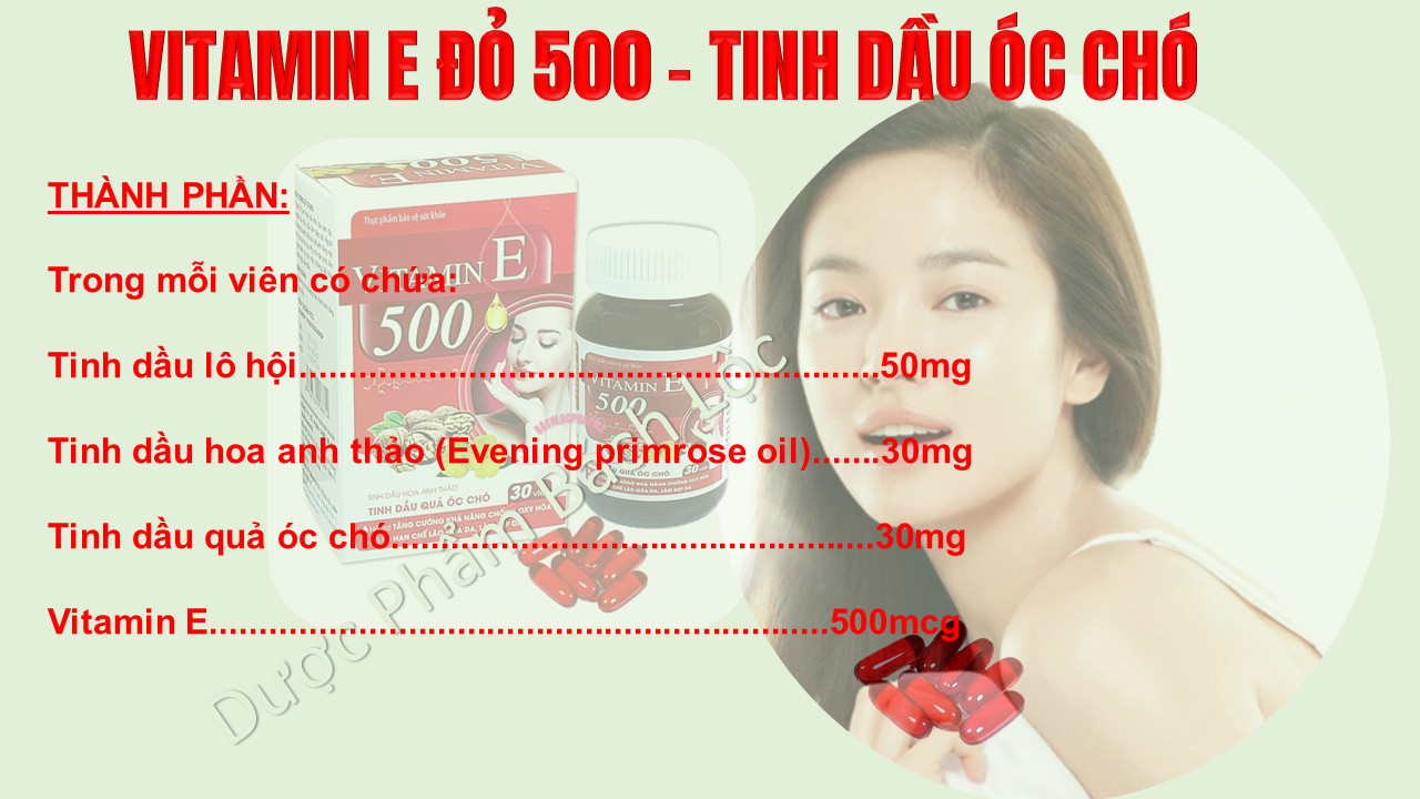 Viên uống đẹp da Vitamin E đỏ 500, Chiết xuất tinh dầu quả óc chó, hoa anh thảo, giúp trắng da, mờ nám, cân bằng nội tiết tố- hộp 30 viên