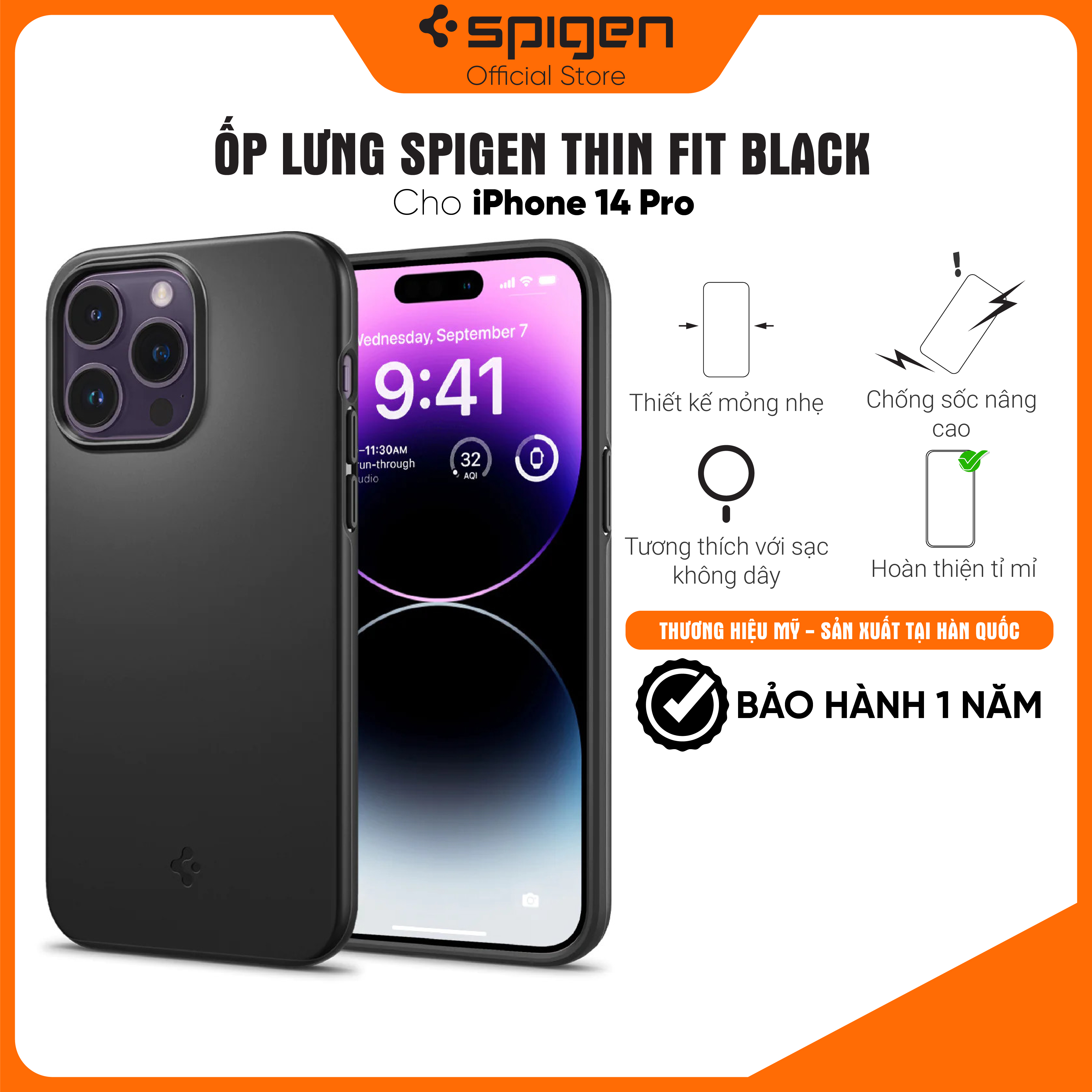 Ốp lưng Spigen Thin Fit cho iPhone 14/14 Plus/ 14 Pro/14 Pro Max - Thiết kế mỏng nhẹ, chống sốc, chống bẩn, viền camera cao - Hàng chính hãng
