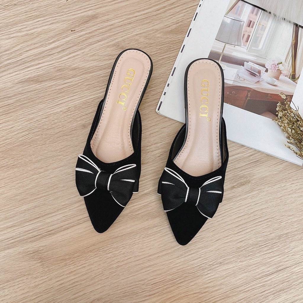 Sục DA nơ vải -gót 3cm mũi nhọn( sục nơ viền trắng)